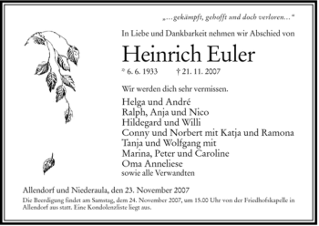 Traueranzeige von Heinrich Euler von HERSFELDER ZEITUNG