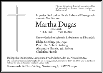 Traueranzeige von Martha Dugas von HERSFELDER ZEITUNG