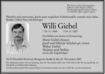 Traueranzeige von Willi Giebel von HERSFELDER ZEITUNG