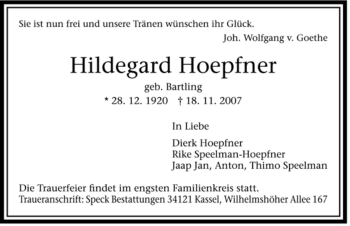Traueranzeige von Hildegard Hoepfner von HERSFELDER ZEITUNG
