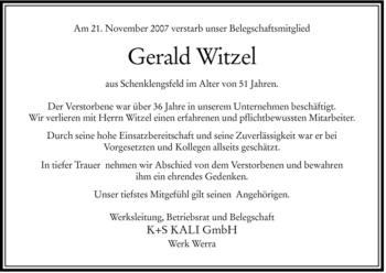 Traueranzeige von Gerald Witzel von HERSFELDER ZEITUNG
