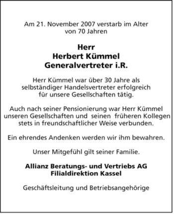 Traueranzeige von Herbert Kümmel von HERSFELDER ZEITUNG