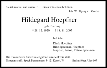 Traueranzeige von Hildegard Hoepfner von HERSFELDER ZEITUNG