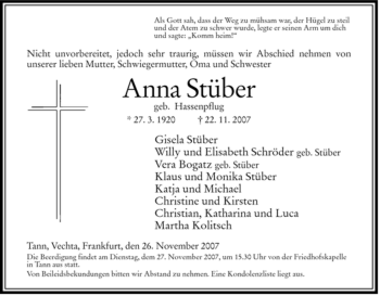 Traueranzeige von Anna Stüber von HERSFELDER ZEITUNG