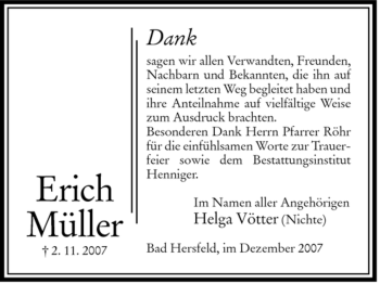 Traueranzeige von Erich Müller von HERSFELDER ZEITUNG