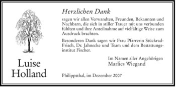 Traueranzeige von Luise Holland von HERSFELDER ZEITUNG