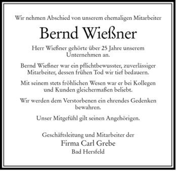 Traueranzeige von Bernd Wießner von HERSFELDER ZEITUNG