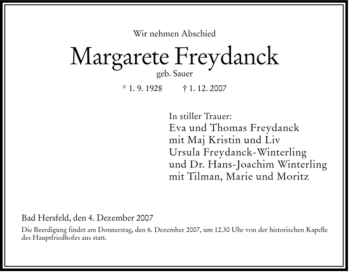 Traueranzeige von Margarete Freydanck von HERSFELDER ZEITUNG