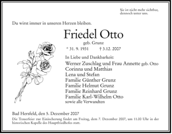 Traueranzeige von Friedel Otto von HERSFELDER ZEITUNG