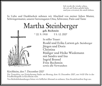 Traueranzeige von Martha Steinberger von HERSFELDER ZEITUNG