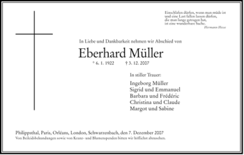 Traueranzeige von Eberhard Müller von HERSFELDER ZEITUNG