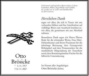 Traueranzeige von Otto Brösicke von HERSFELDER ZEITUNG