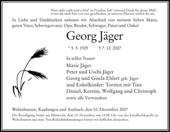 Traueranzeige von Georg Jäger von HERSFELDER ZEITUNG