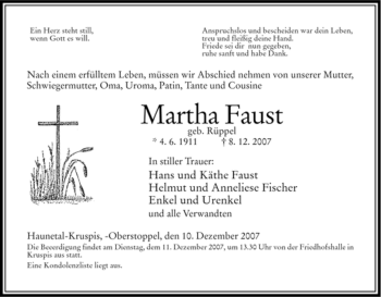 Traueranzeige von Martha Faust von HERSFELDER ZEITUNG