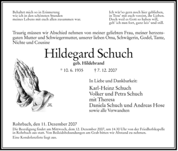 Traueranzeige von Hildegard Schuch von HERSFELDER ZEITUNG