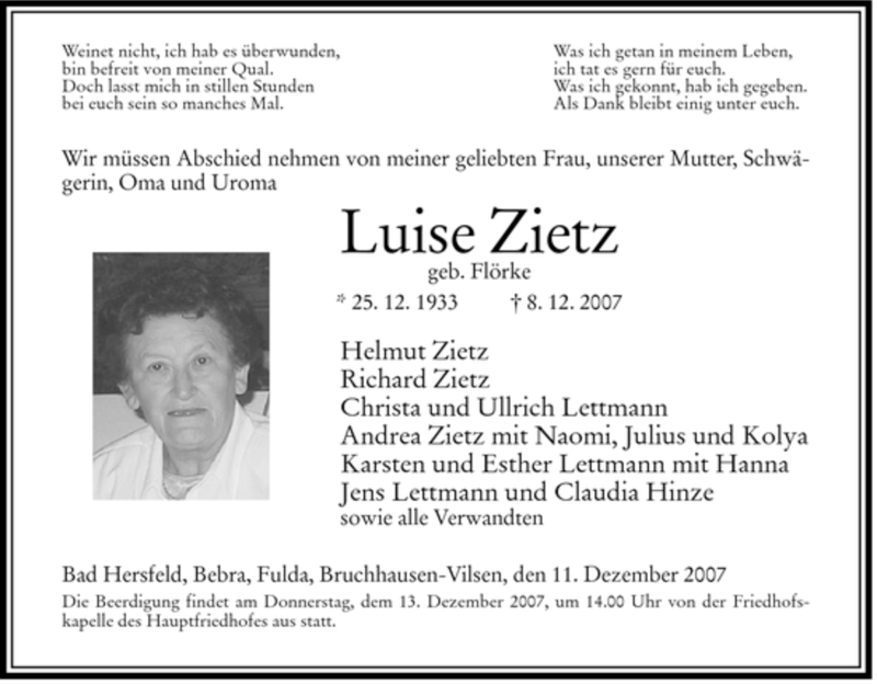  Traueranzeige für Luise Zietz vom 11.12.2007 aus HERSFELDER ZEITUNG