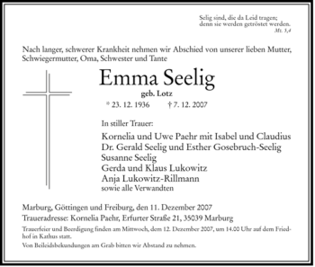 Traueranzeige von Emma Seelig von HERSFELDER ZEITUNG