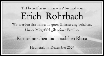 Traueranzeige von Erich Rohrbach von HERSFELDER ZEITUNG