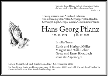 Traueranzeige von Hans Georg Pflanz von HERSFELDER ZEITUNG