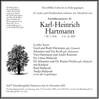 Traueranzeige von Karl-Heinrich Hartmann von HERSFELDER ZEITUNG
