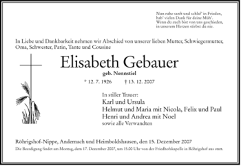 Traueranzeige von Elisabeth Gebauer von HERSFELDER ZEITUNG