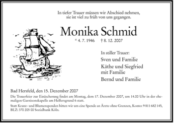 Traueranzeige von Monika Schmid von HERSFELDER ZEITUNG