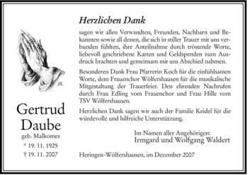 Traueranzeige von Gertrud Daube von HERSFELDER ZEITUNG