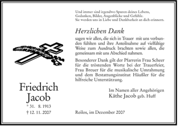 Traueranzeige von Friedrich Jacob von HERSFELDER ZEITUNG