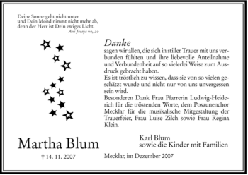 Traueranzeige von Martha Blum von HERSFELDER ZEITUNG