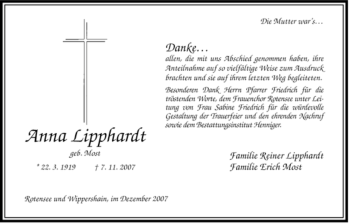 Traueranzeige von Anna Lipphardt von HERSFELDER ZEITUNG