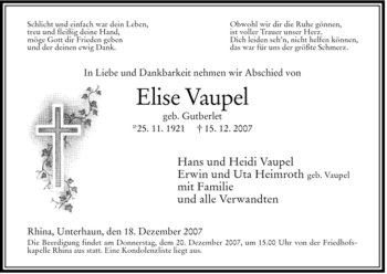 Traueranzeige von Elise Vaupel von HERSFELDER ZEITUNG