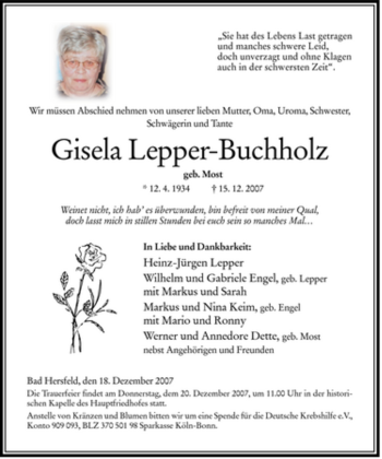 Traueranzeige von Gisela Lepper-Buchholz von HERSFELDER ZEITUNG