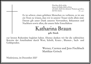 Traueranzeige von Katharina Braun von HERSFELDER ZEITUNG