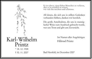 Traueranzeige von Karl-Wilhelm Printz von HERSFELDER ZEITUNG