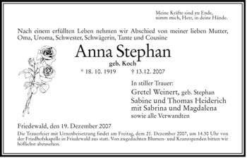Traueranzeige von Anna Stephan von HERSFELDER ZEITUNG