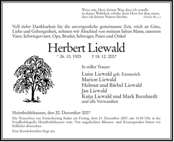 Traueranzeige von Herbert Liewald von HERSFELDER ZEITUNG