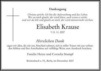 Traueranzeige von Elisabeth Krause von HERSFELDER ZEITUNG