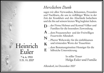 Traueranzeige von Heinrich Euler von HERSFELDER ZEITUNG