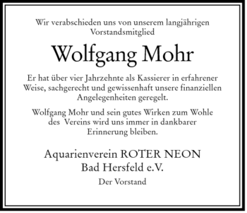 Traueranzeige von Wolfgang Mohr von HERSFELDER ZEITUNG