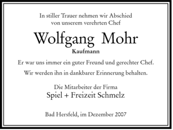 Traueranzeige von Wolfgang Mohr von HERSFELDER ZEITUNG