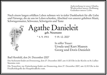 Traueranzeige von Agathe Danieleit von HERSFELDER ZEITUNG