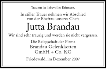 Traueranzeige von Jutta Brandau von HERSFELDER ZEITUNG
