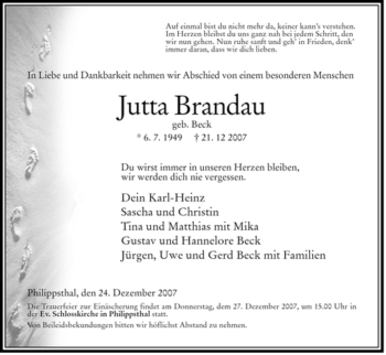Traueranzeige von Jutta Brandau von HERSFELDER ZEITUNG