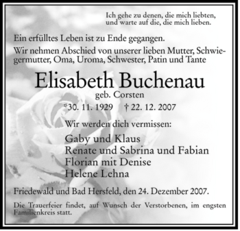 Traueranzeige von Elisabeth Buchenau von HERSFELDER ZEITUNG