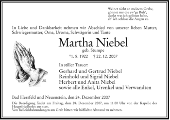 Traueranzeige von Martha Niebel von HERSFELDER ZEITUNG