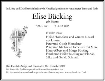Traueranzeige von Elise Bücking von HERSFELDER ZEITUNG