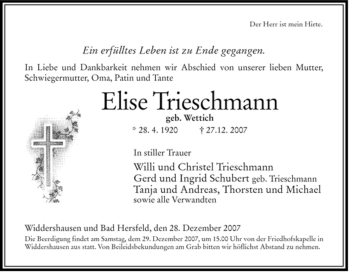 Traueranzeige von Elise Trieschmann von HERSFELDER ZEITUNG
