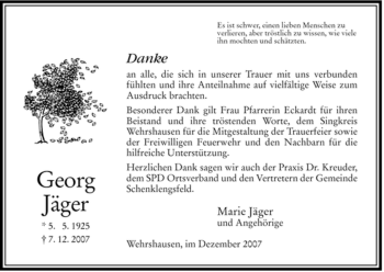 Traueranzeige von Georg Jäger von HERSFELDER ZEITUNG