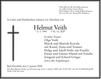 Traueranzeige von Helmut Veith von HERSFELDER ZEITUNG