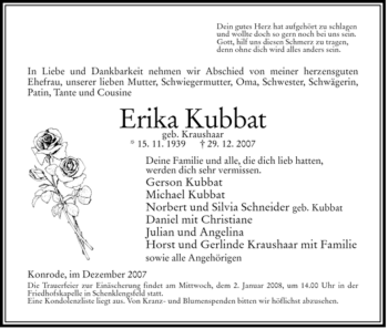 Traueranzeige von Erika Kubbat von HERSFELDER ZEITUNG